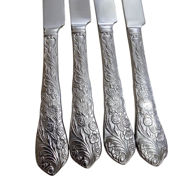 Reed Barton Flora Dinner Knives 10" set/4 stainless embossed flowers chintz - Picture 2 of 6